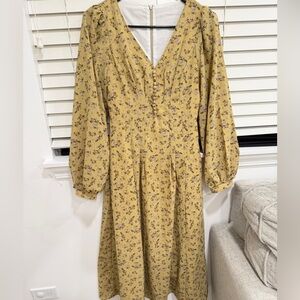 Mustard Floral Midi Dress with Button Front